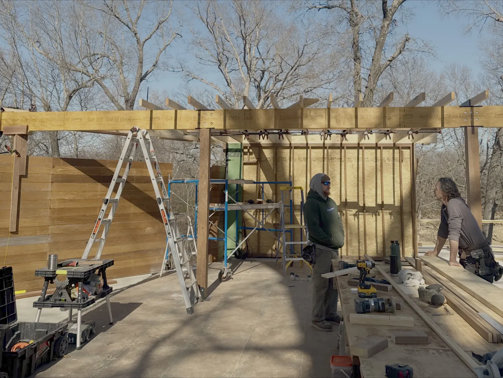Framing for covered outdoor kitchen and pool deck